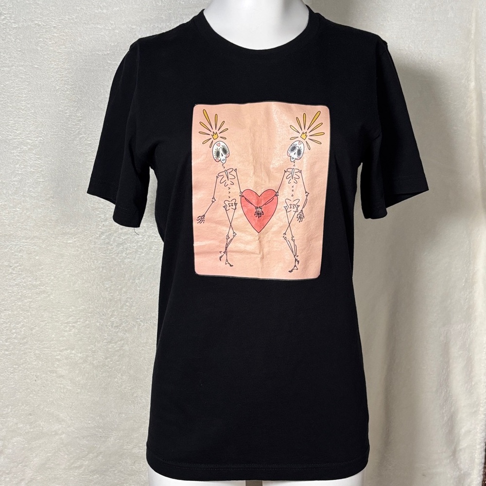 Black T-Shirt with Artistic Heart & Skulls Graphics